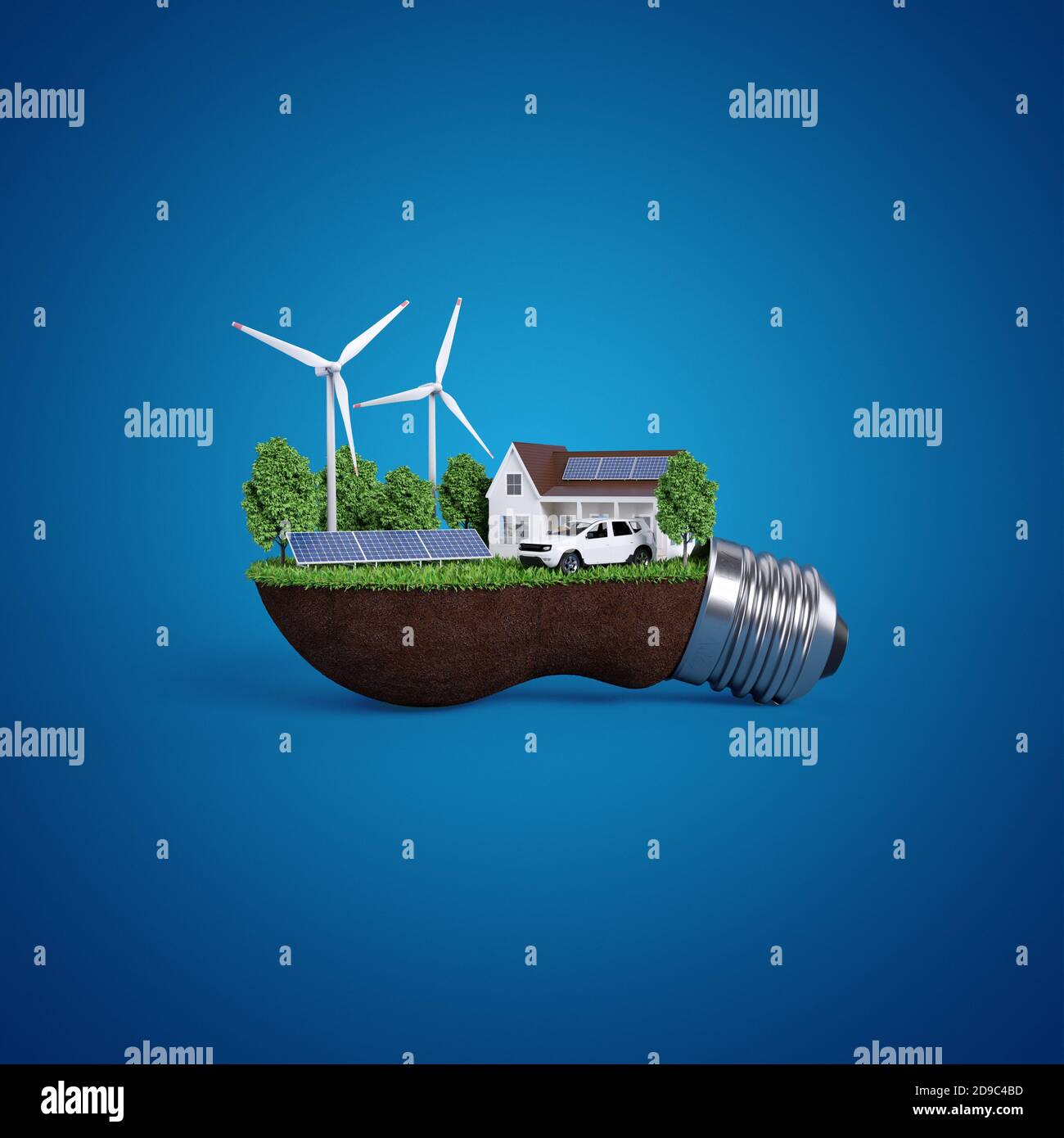 Erneuerbare Ökosysteme. Erneuerbare Energien für Haus und Verkehr. Blaue Version. Stockfoto