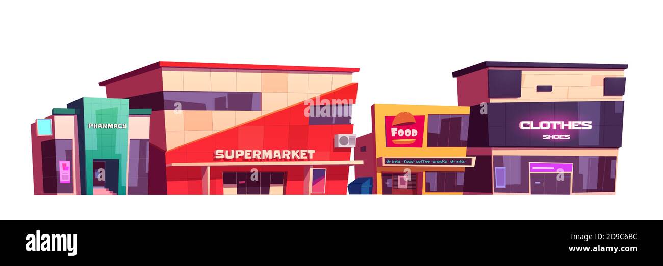 Ladengebaude Bekleidungsgeschaft Supermarkt Fast Food Court Und Apotheke Fassaden Moderne Stadtarchitektur Aussenansicht Marktplatz Vorderansicht Isoliert Auf Weissem Hintergrund Cartoon Vektor Illustration Stock Vektorgrafik Alamy