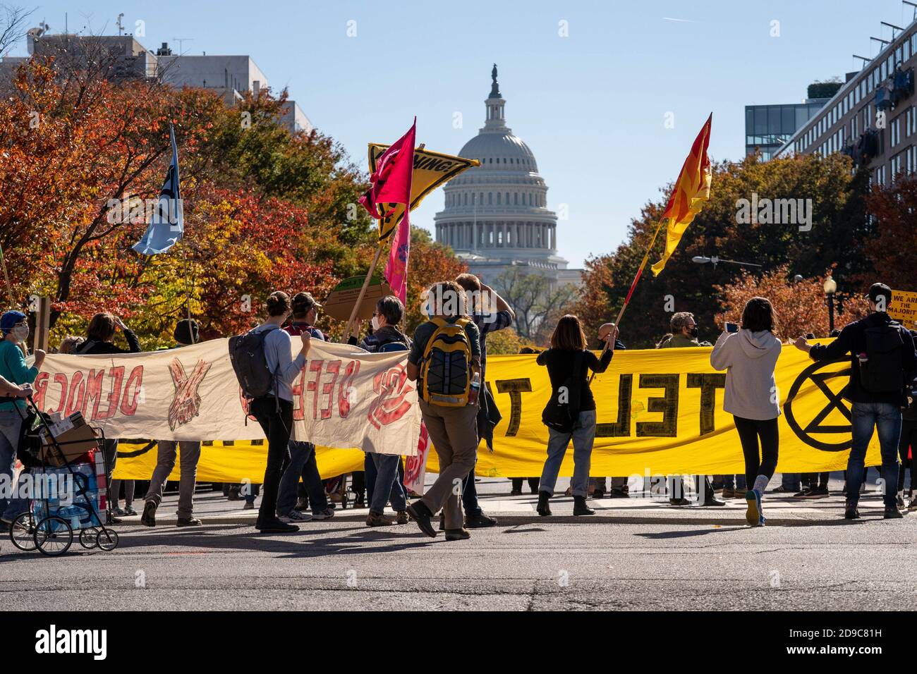 Washington, Usa. November 2020. Demonstranten marschieren am Mittwoch, den 4. November 2020, durch die Straßen von Washington DC, um auf Demokratie und das Bewusstsein für den Klimawandel aufmerksam zu machen. Da die Präsidentschaftswahlen noch zu kurz vor dem Amtsantritt waren, protestierten sie, dass die Trump-Regierung das Pariser Abkommen formell verließ, ein globaler Pakt, der die Gefahr eines katastrophalen Klimawandels abwenden sollte. Foto von Ken Cedeno/UPI Kredit: UPI/Alamy Live Nachrichten Stockfoto