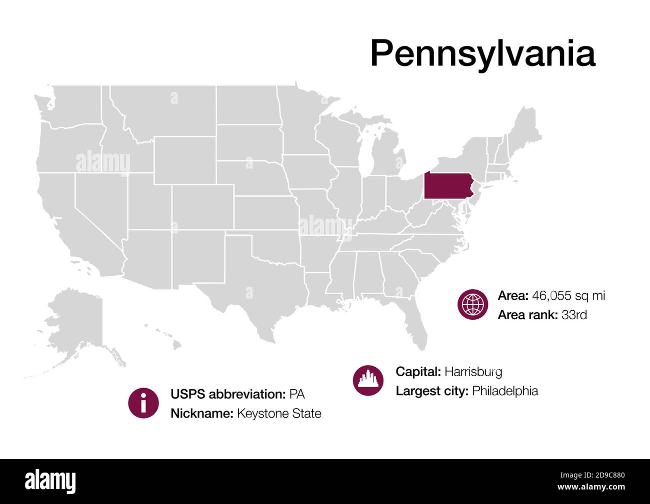 Karte des Staates mit politischen demografischen Informationen und größten Städten Stockfoto