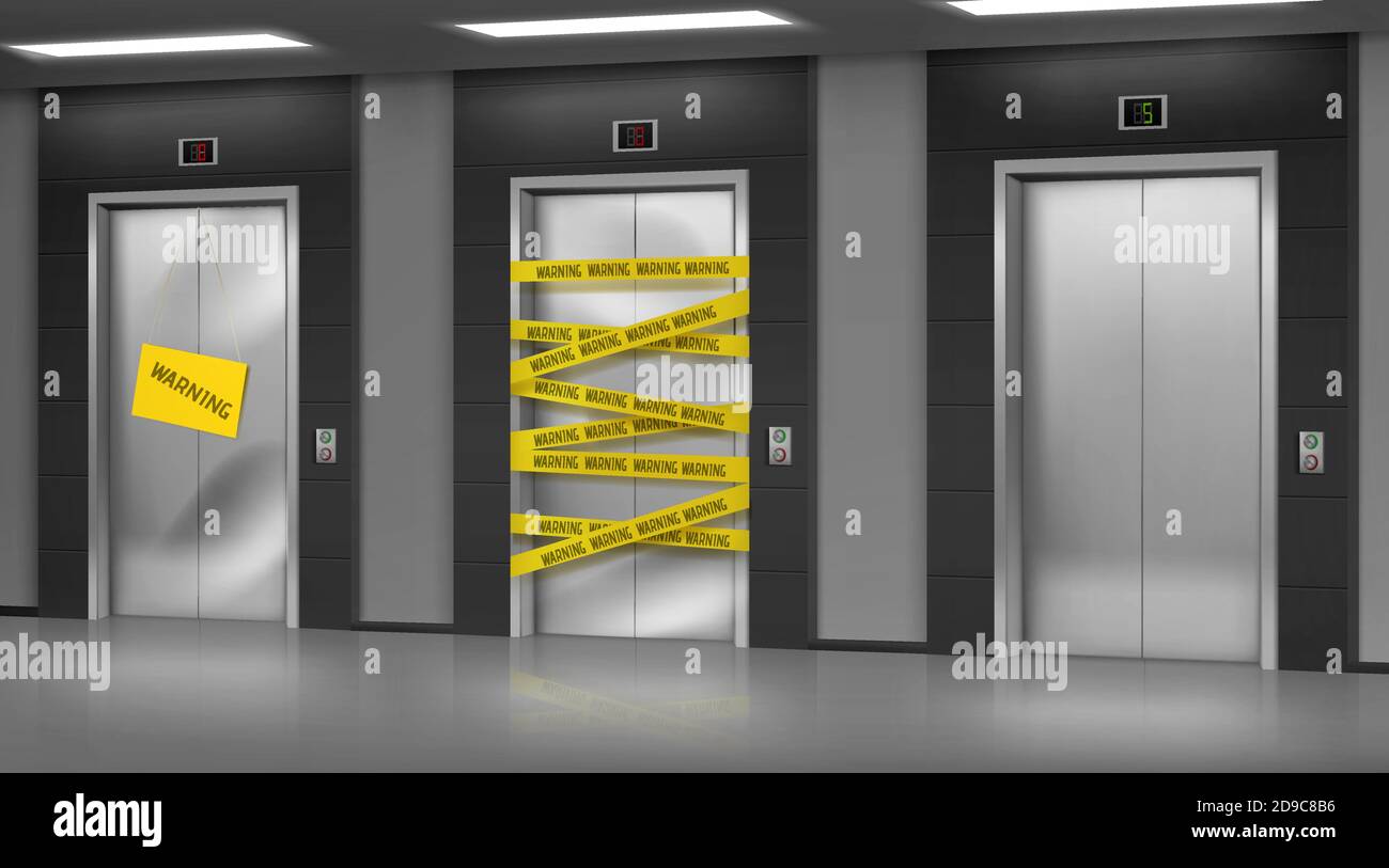 Kaputte Aufzüge wegen Reparatur oder Wartung geschlossen. Warnschild hängen auf Lift beschädigte Türen mit Delle, Chrom-Metall-Tür Tor mit Warnung gelber Streifen, realistische 3d-Vektor-Abbildung gewickelt Stock Vektor