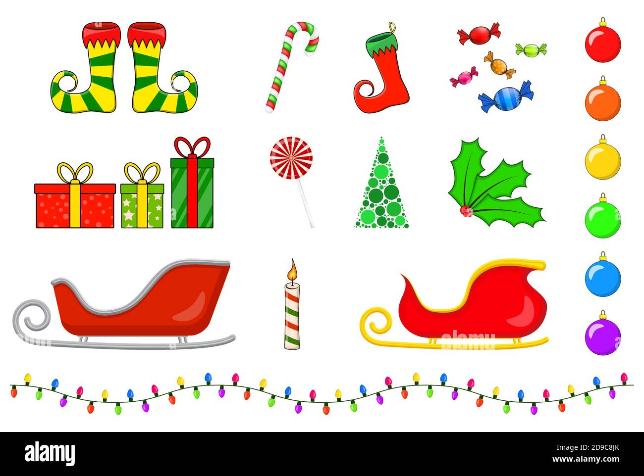 Weihnachts-Symbole-Kollektion. Große Reihe von Weihnachten Symbole. Saisonale Cartoon-Illustrationen isoliert auf weiß. Urlaub Ornament und Dekorationen. Holly Berry, Stock Vektor