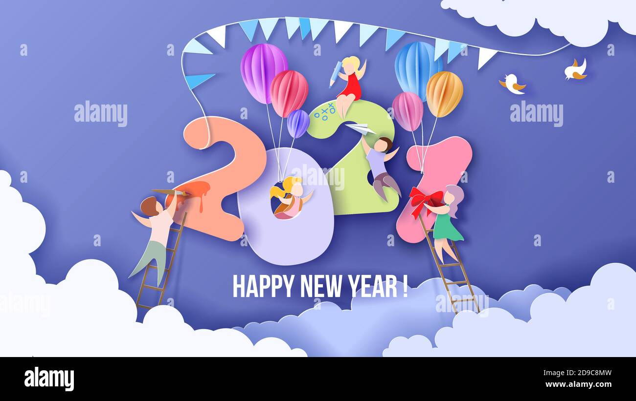 2020 Neujahrskarte mit Kindern auf Himmelshintergrund mit Wolken. Vektorgrafik. Papier geschnitten und Handwerk Stil. Stock Vektor
