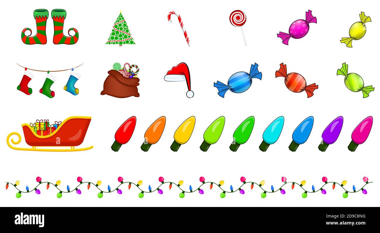 Weihnachts-Icon-Set. Große Sammlung von Weihnachten Symbole. Saisonale Cartoon-Illustrationen isoliert auf weiß. Urlaub Vektor Clipart mit Elfen Schuhe, Licht str Stock Vektor