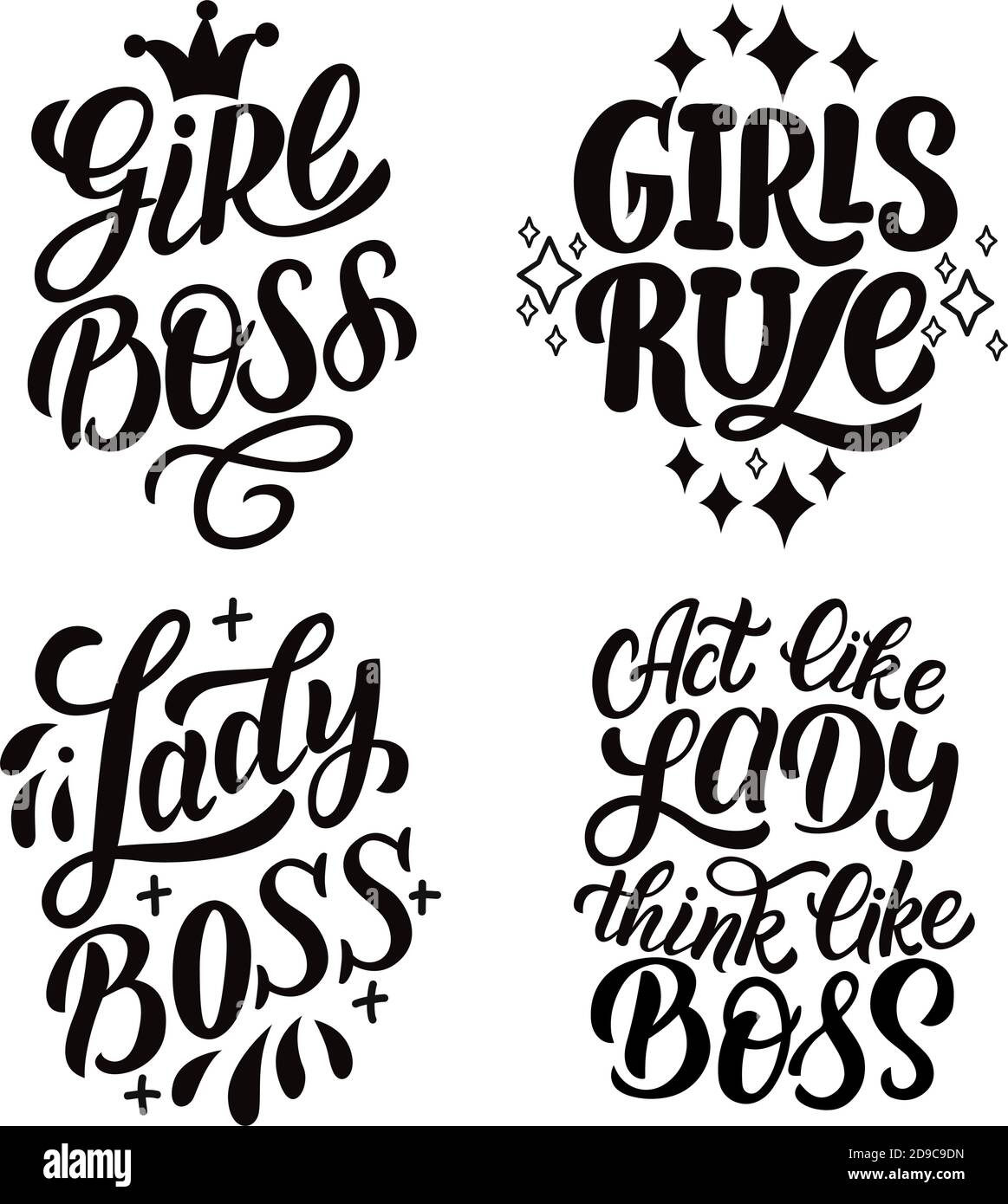 Satz von Inschriften in Vektorgrafiken über Mädchen, in schwarz auf weißem Hintergrund. Für die Gestaltung von Postkarten, Plakaten, Drucken für T-Shirts, Tassen Stock Vektor
