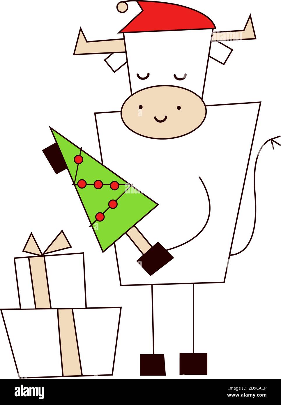 Weißer Ochse. Frohe Weihnachten und ein glückliches neues Jahr 2021. Lustige niedliche kawaii Stier mit Geschenken und weihnachtsbaum isoliert auf weiß. Kuh im roten Weihnachtsmann Stock Vektor