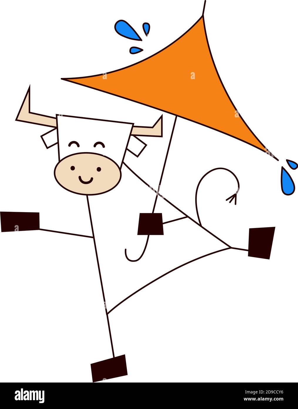 Frohes neues Jahr 2021. Das Jahr des Ochsen. Lustige niedliche kawaii Stier, Kuh im Regen mit Regenschirm. Wetter und Jahreszeiten. Vektorgrafik in Cartoon Stock Vektor