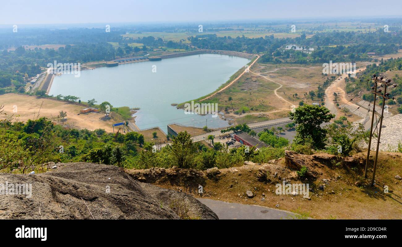 Luftaufnahme des unteren Staudamms in den Ajodhya Hills, Purulia. Stockfoto