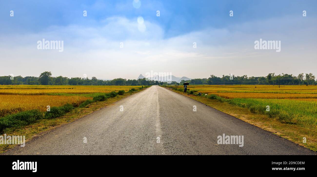 Schöne indische Autobahn mit landwirtschaftlichen Feld umgeben. Stockfoto