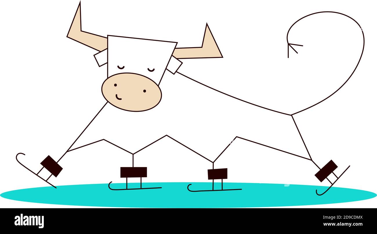 Frohes neues Jahr 2021. Das Jahr des Ochsen. Lustige niedliche kawaii Stier, Kuh. Wintersport. Aktivitäten im Freien. Schlittschuhlaufen. Vektorgrafik in Cartoon Stock Vektor