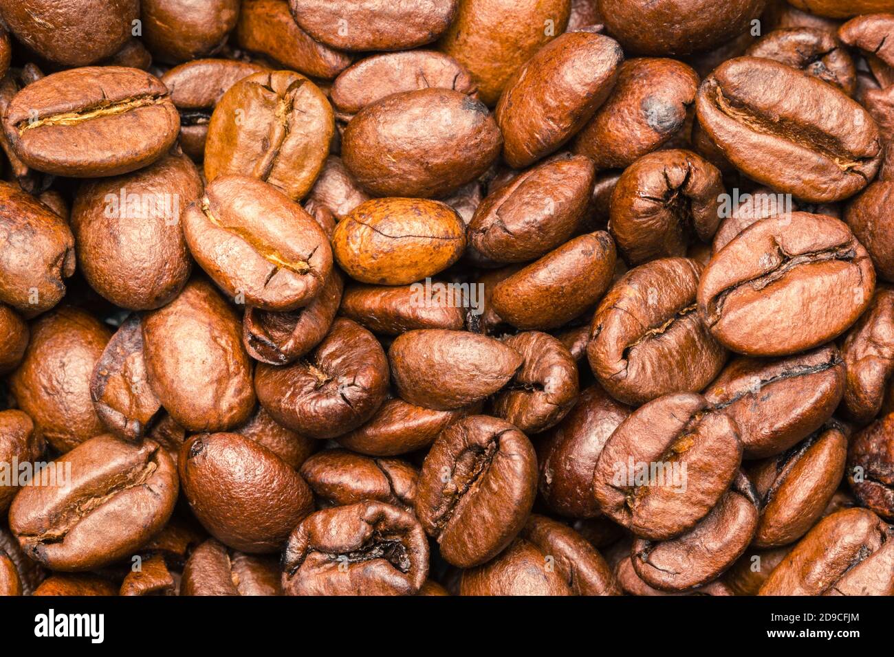 Ein Haufen hellbraun gerösteter Kaffeebohnen Stockfoto