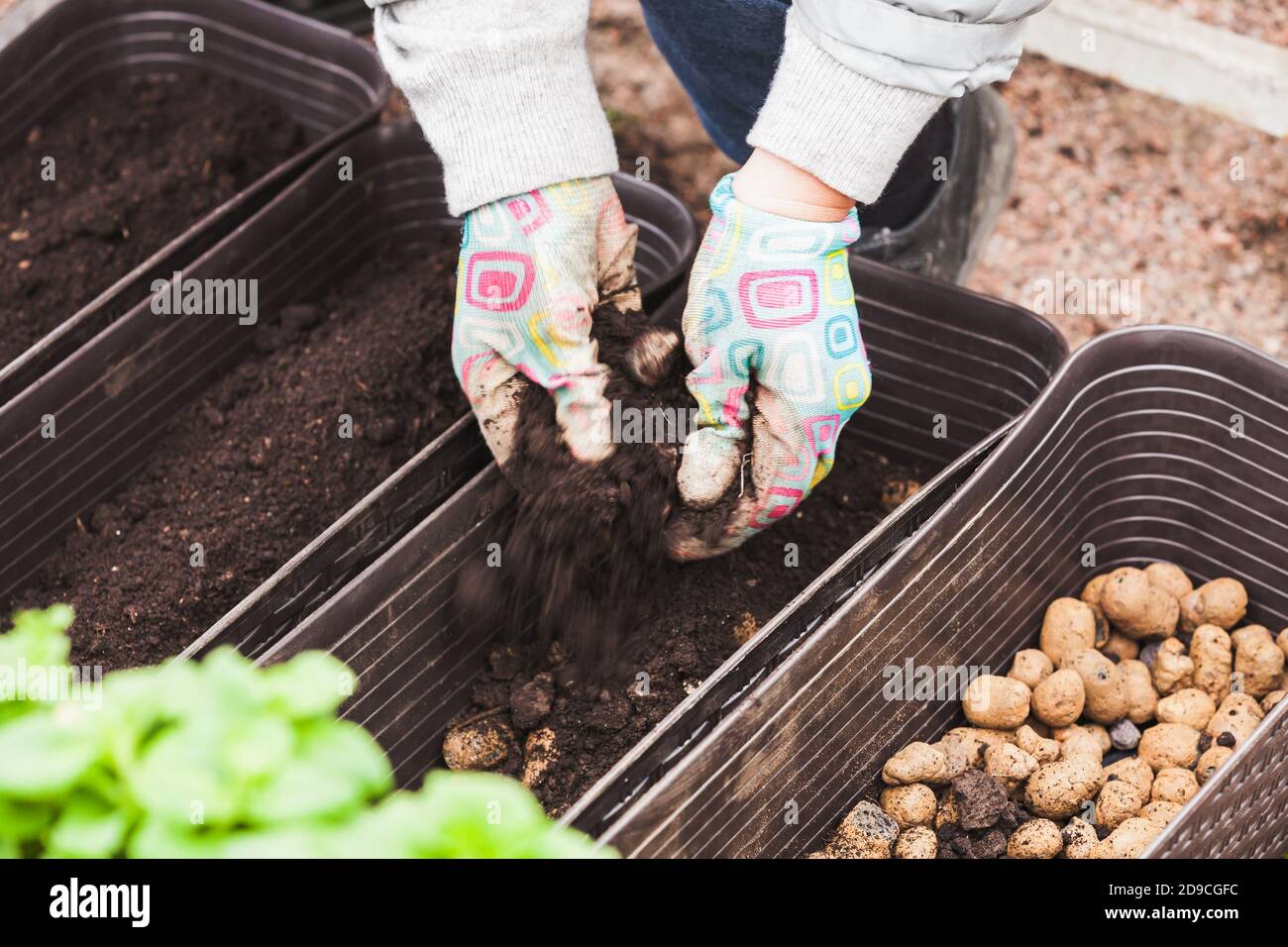 Gärtner Hände mit Erde, Nahaufnahme Foto Stockfoto