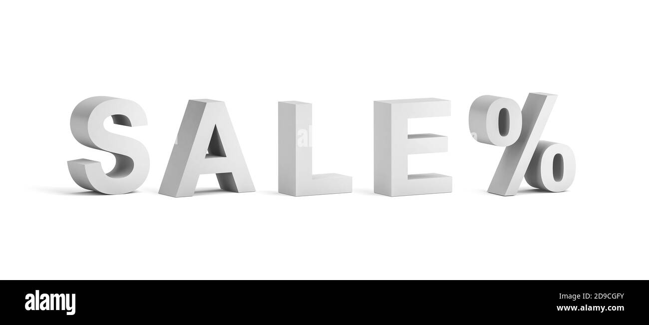 White Bold Sale Text isoliert auf weißem Hintergrund mit weichen Schatten, 3d-Rendering-Illustration Stockfoto