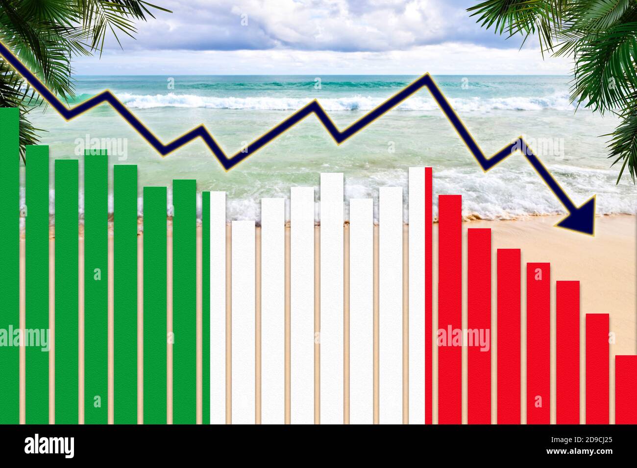 COVID-19 Coronavirus Pandemie Auswirkungen auf Italien Tourismusindustrie Konzept zeigt Strand Hintergrund mit italienischen Flagge auf Bar Charts rückläufigen Trend. Stockfoto