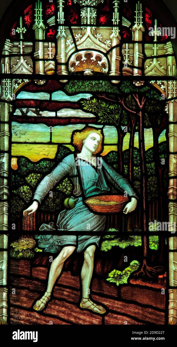 The Sower, Arts and Crafts, Buntglasfenster, Titchwell, Norfolk, 1889, von Frampton, Windows, England, UK, Englisch Stockfoto