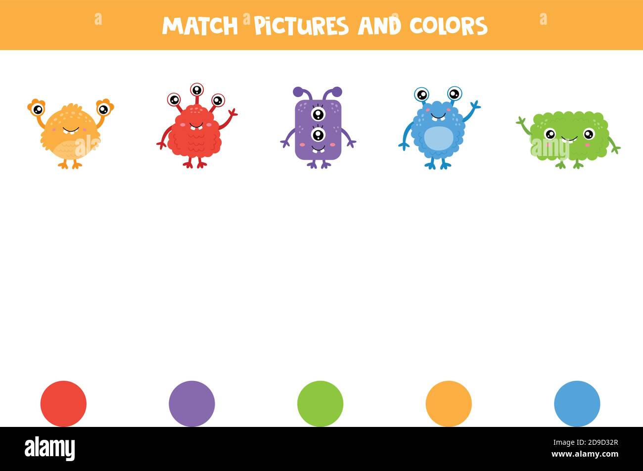 Farbe passende Spiel mit Cartoon-Monster. Arbeitsblatt für Kinder. Stock Vektor