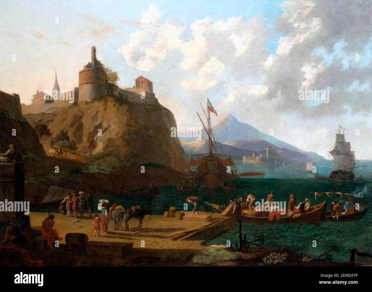 Eine mediterrane Hafenszene mit zahlreichen Figuren auf einer que unter einer Festung - EINE mediterrane Hafenszene, Adriaen van der Kabel zugeschrieben, 1600 Stockfoto