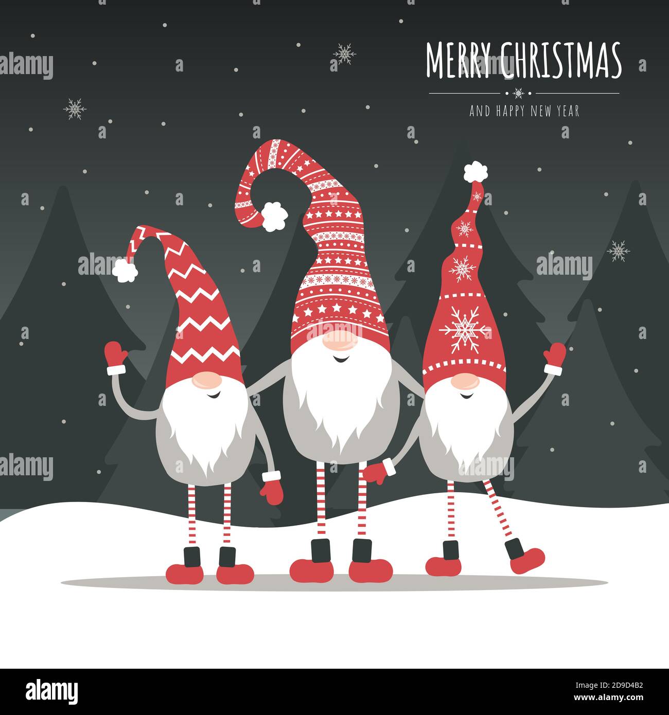 Vektor-Weihnachtskarte mit Zwergen. Saisongrüße. Stock Vektor