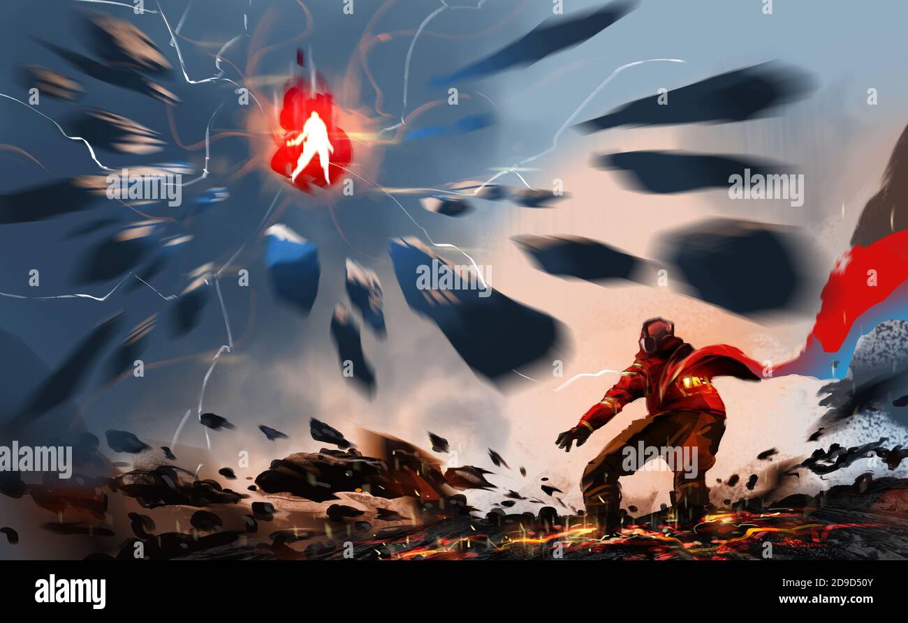 Digitale Illustration Malerei Design-Stil ein Mann fliegen ist in Energie-Ball und Angriff durch Felsen zu einem Mann auf dem Boden, gegen Erdbeben. Stockfoto