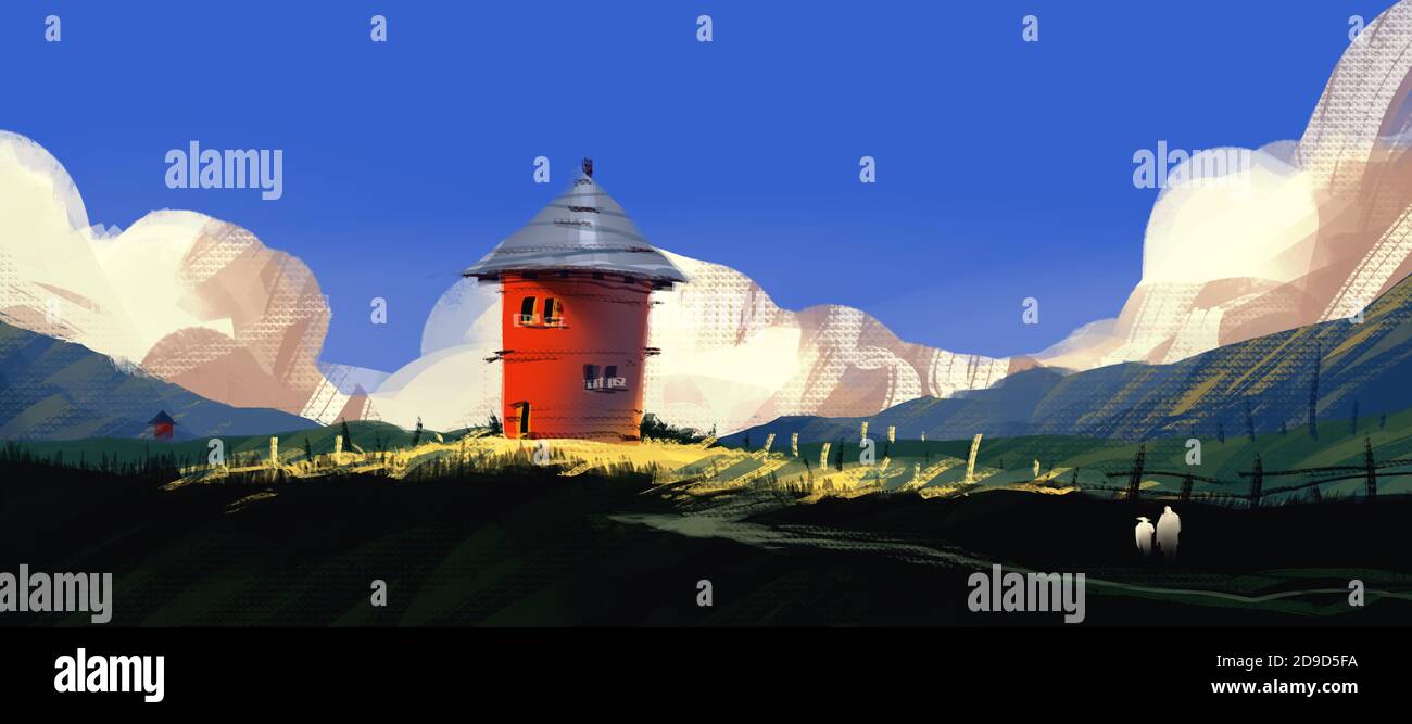 Rotes Haus auf einem Hügel mit Wiese gegen blauen Himmel und geschwollene Wolken, digitale Illustration Kunst Malerei Design-Stil. (Breitbild) Stockfoto