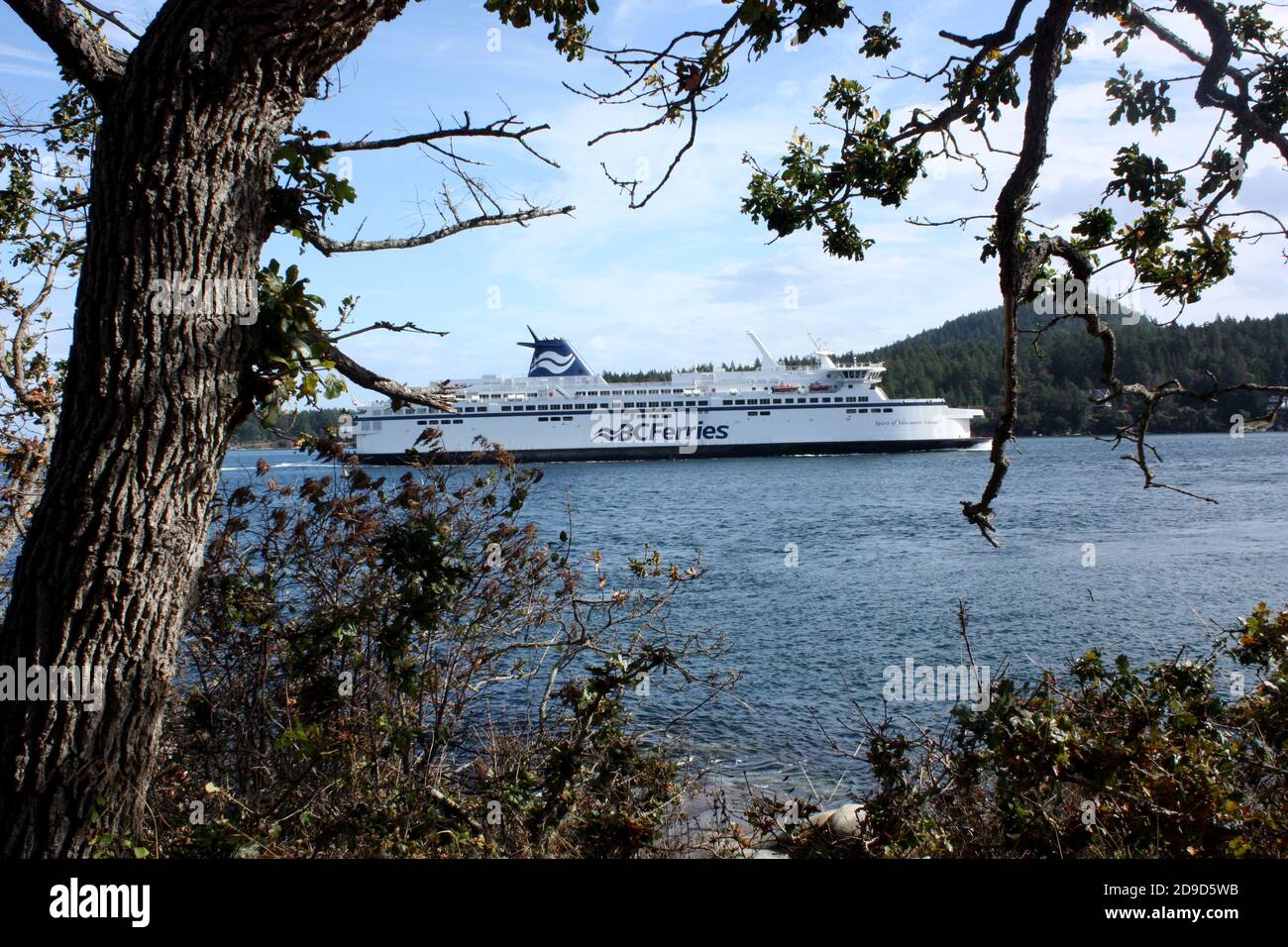 BC Ferry segelt entlang des Active Pass zwischen Mayne und Galiano Inseln, gesehen vom Bellhouse Provincial Park, British Columbia, Kanada Stockfoto