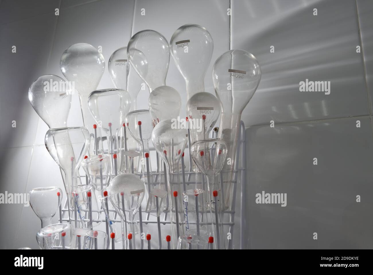 Leere Kolben für chemische Analysen im Labor Stockfoto