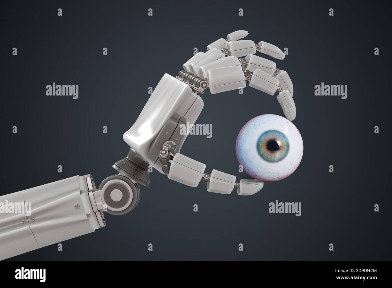Die Roboterhand hält den menschlichen Augapfel. 3D-Darstellung. Stockfoto