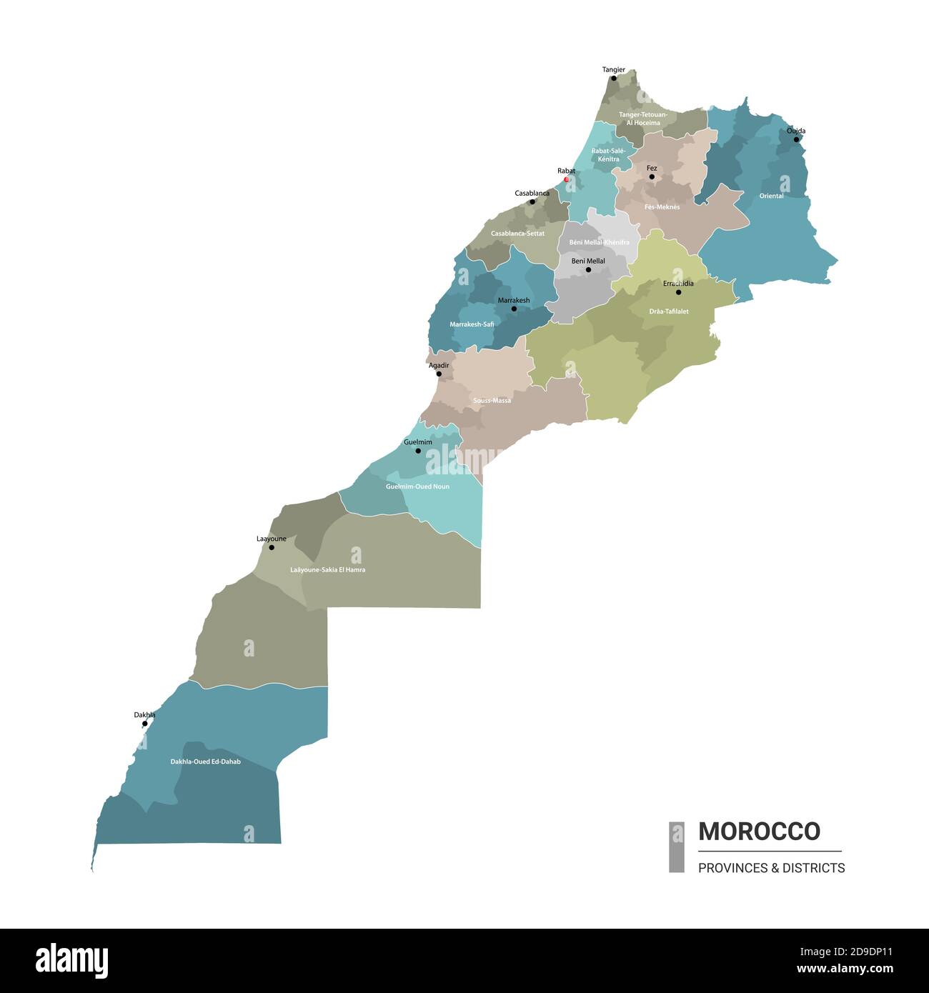 Marokko Higt Detailkarte mit Unterteilungen. Verwaltungskarte von Marokko mit Bezirken und Städten Namen, farbig nach Staaten und administrative Distri Stock Vektor