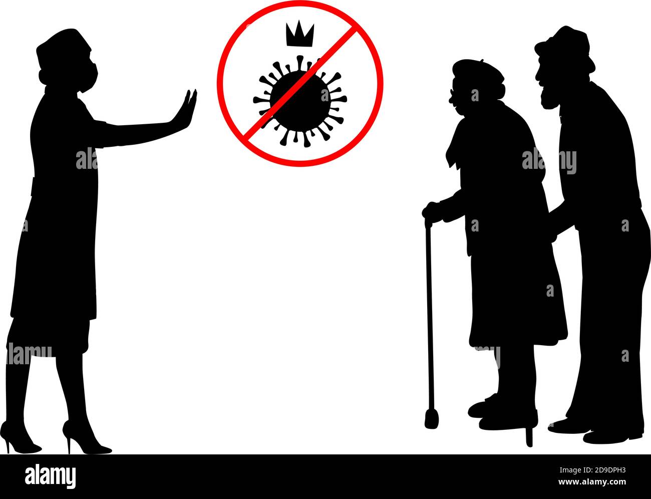 Silhouetten von Großeltern und Arzt Warnung vor Gefahr von COVID-19 Stock Vektor