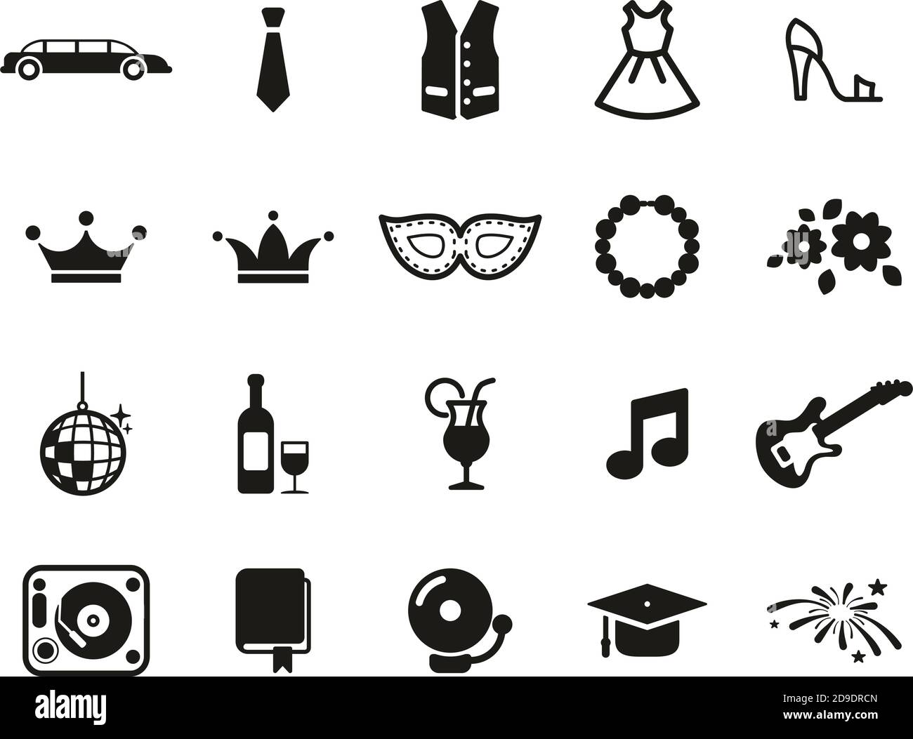 Prom Night Icons Schwarz & Weiß Set Groß Stock Vektor