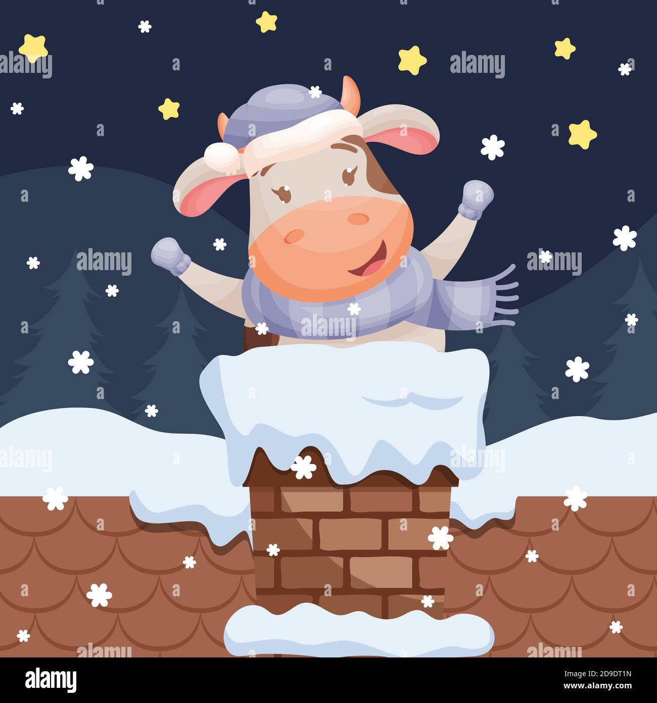 Cute Cartoon Kuh Charakter stehen aus dem Kamin. Chinesisches Neujahr der Tierkreis-Ochsenkuh. Vektorgrafik. Stock Vektor