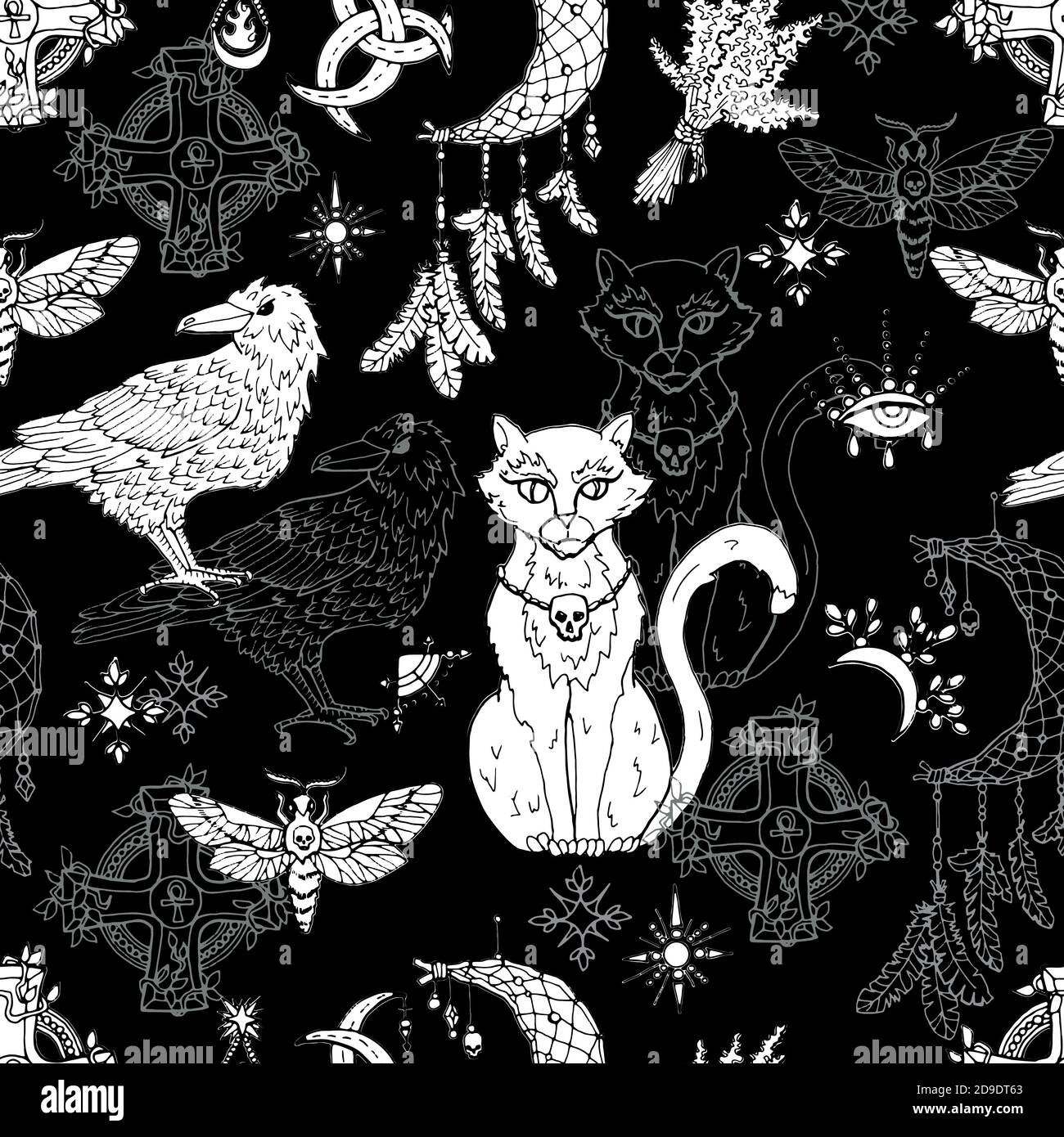 Nahtloses Muster mit mystischen Tieren - Katze, Krähe und Motte, Traumfänger und Hexenmagie-Objekte. Mystischer Hintergrund für Halloween, Esoterik, Gothic und Stock Vektor