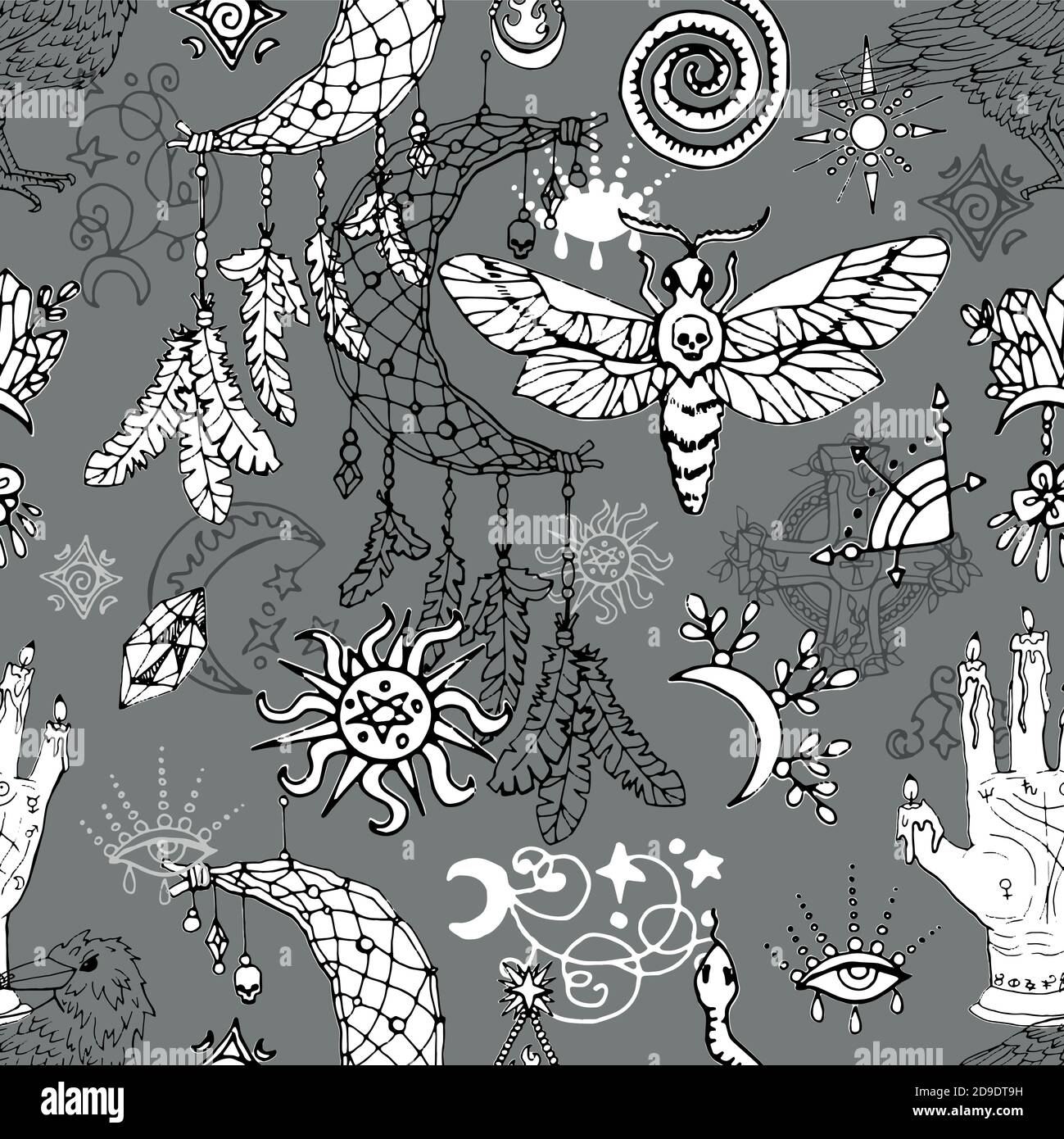 Nahtloses Muster mit Traumfänger, Motte und Astrologie magische Symbole. Mystischer Hintergrund für Halloween, Esoterik, Gothic und okkultes Konzept Stock Vektor