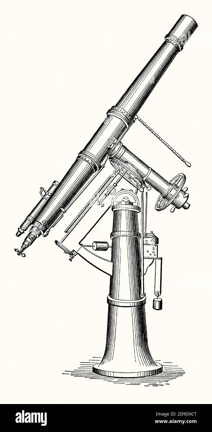 Eine alte Gravur eines großen, brechenden, astronomischen Teleskops, entworfen von Thomas Cooke im 19. Jahrhundert. Es ist aus einem viktorianischen Maschinenbaubuch der 1880er Jahre. Thomas Cooke (1807–1868) war ein britischer wissenschaftlicher Instrumentenbauer mit Sitz in York, England, Großbritannien. Er gründete T Cooke & Sons, eine wissenschaftliche Instrumentenfirma. Cooke war einer der Pioniere der Herstellung von großen Teleskopen in Großbritannien. Er hat sich erfolgreich einen guten Ruf für ihre Herstellung aufgebaut. Er machte ein Teleskop für das Royal Observatory, Greenwich, London und ein anderes für Prince Albert. Stockfoto