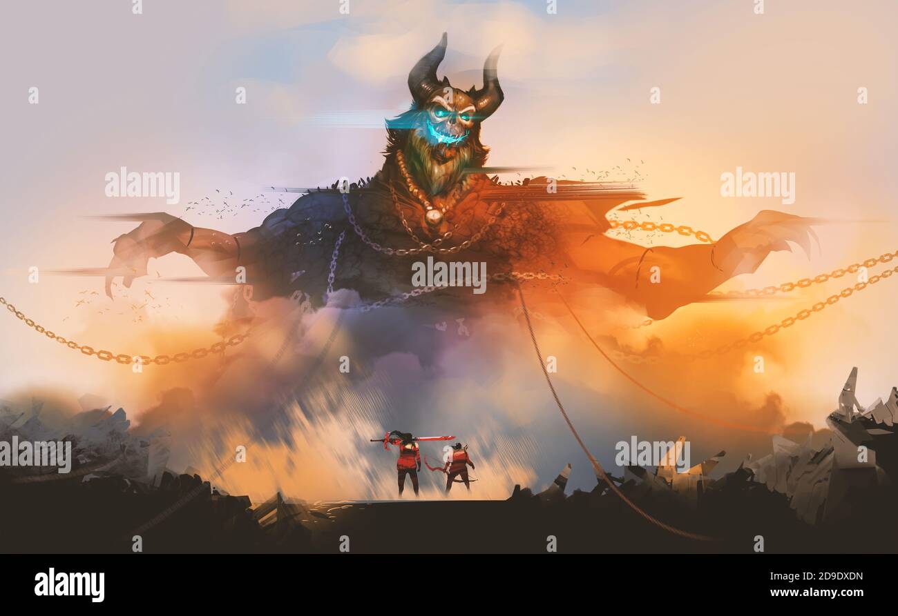 Digitale Illustration Malerei Design-Stil 2 Krieger begegnen Dämon aus der Hölle, gegen Sonnenuntergang und Ruinen. Stockfoto