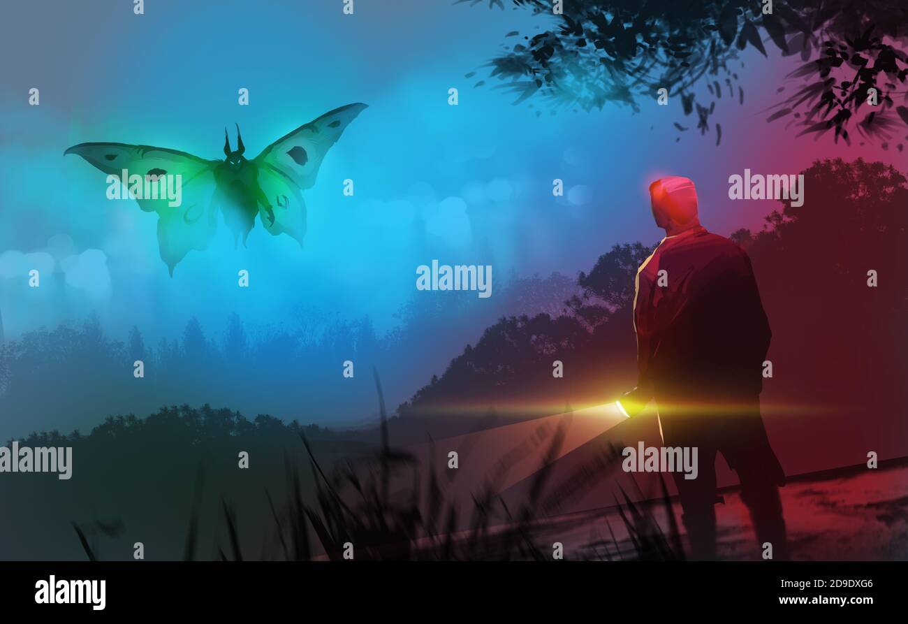 Digitale Illustration Malerei Design-Stil ein Mann hält Taschenlampe mit Blick auf die Mothman kryptid mythologischen. Stockfoto