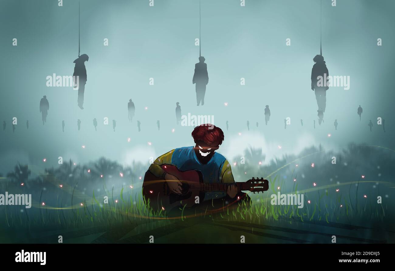 Digitale Illustration Malerei Design-Stil ein Teufel spielen klassische Gitarre und sitzen auf der Wiese, zwischen Glühwürmchen und hängenden Leiche, Alptraum. Stockfoto