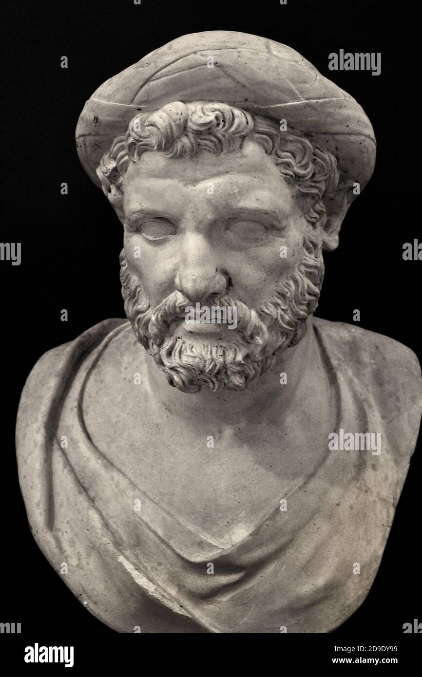 Archytas - Arquita de Taranto 428–347 v. Chr. ( einst als Archytas identifiziert, heute als Pythagoras gedacht ) Griechisch, Griechenland, Skulptur, Porträt, ( Pflaster des Herculanense Museums für Carlos III. Aus dem 18. Jahrhundert ) Stockfoto