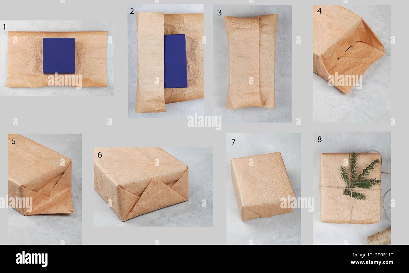 Wie zu wickeln weihnachtsgeschenk mit Ihren eigenen Händen. Schritt für Schritt Anleitung. Geschenkbox Verpackung Anleitung. Stockfoto