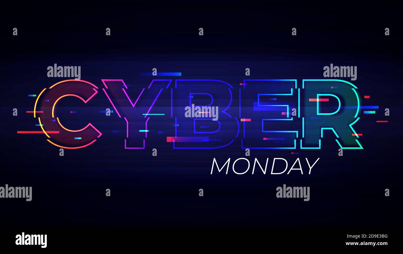 Cyber Monday heller Hintergrund. Vektor-Illustration von abstrakt leuchtenden neon farbigen Text mit Glitch-Effekt über dunklen Hintergrund für Ihr Design Stock Vektor