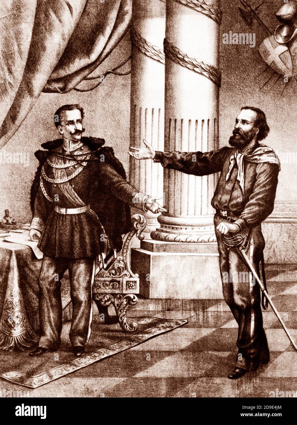 Begegnung zwischen carlo alberto di savoia und giuseppe garibaldi a roverbella, 1848 Stockfoto
