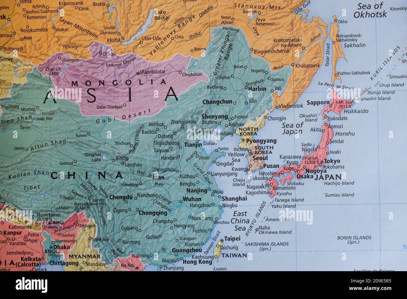 Eine Karte mit Asien, einschließlich China, Japan und Nord-/Südkorea. Stockfoto