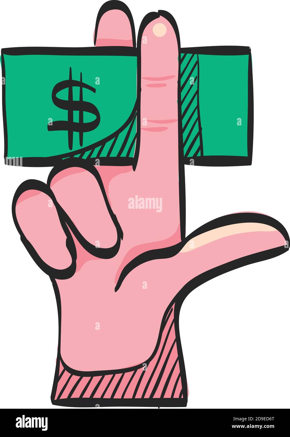 Hand hält Geld Symbol in Farbe Zeichnung. Service Tipp Hotel Kellnerin Restaurant Bestechung Genugtuung Stock Vektor