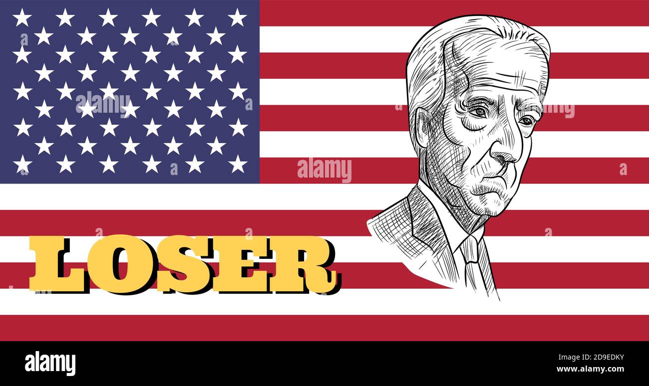 5. Nov 2020, Bangkok, Thailand: Karikaturenporträt des Demokraten Joe Biden, dem Verlierer der amerikanischen Präsidentschaftswahl 2020, auf US-Flagge. Stock Vektor