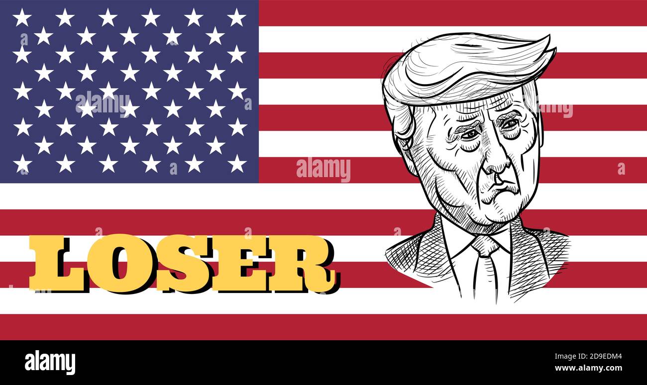 Nov. 2020, Bangkok, Thailand: Karikatur-Zeichnung Porträt des Republikaners Donald Trump, der Verlierer der amerikanischen Präsidentschaftswahl 2020, auf US-Flagge. Stock Vektor