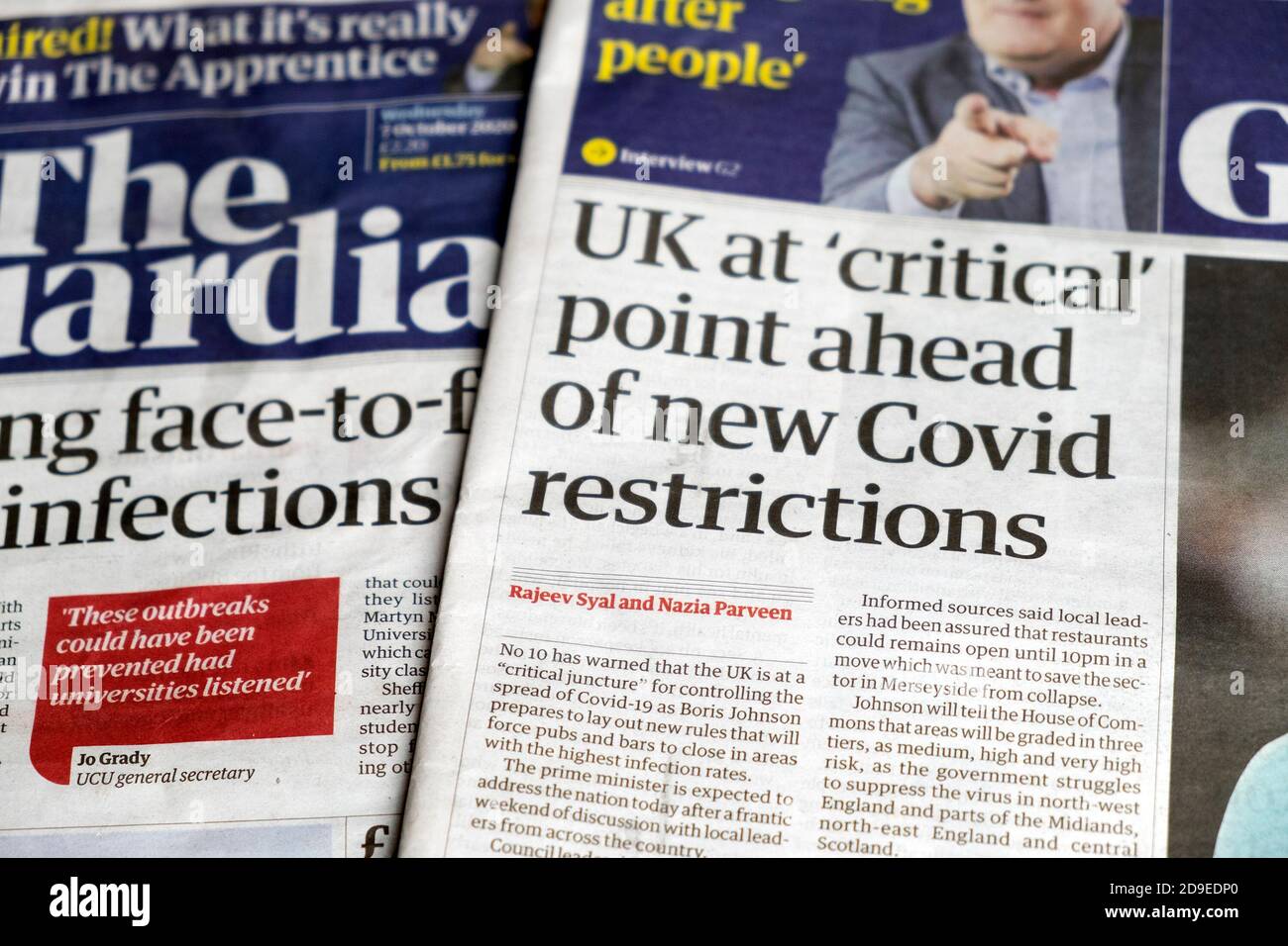 „Großbritannien steht an einem kritischen Punkt vor neuen Covid-Beschränkungen“ Guardian Titelseite Zeitung covid coronavirus Artikel Schlagzeile 20 September 2020 London, Großbritannien Stockfoto