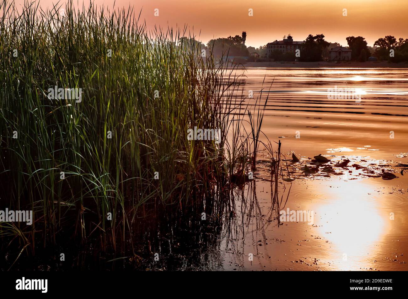Ein ruhiger Blick auf den nebligen Fluss Dnjepr bald in der Morgendämmerung, nach dem Sonnenaufgang, in Kiew, Ukraine. Spiegelung der Sonne im Wasser. Stockfoto