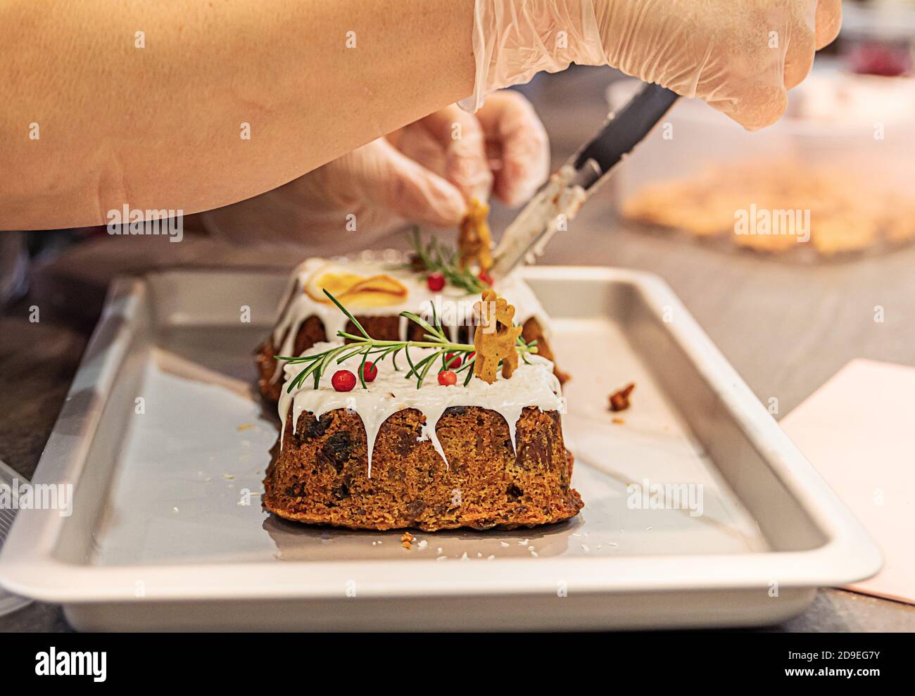 Frauenhände schmücken Weihnachtsfrucht Kuchen mit Lebkuchen, Rosmarin und Preiselbeere. Stockfoto