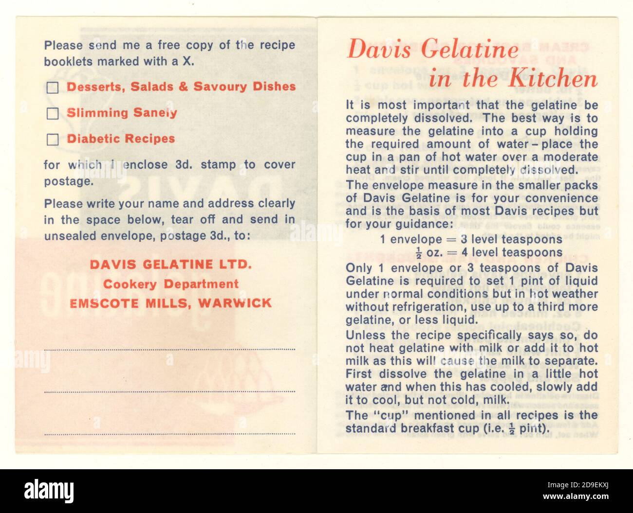 Vintage Davis Gelatin Rezept Broschüre, ca. Ende der 50er Jahre, Großbritannien Stockfoto