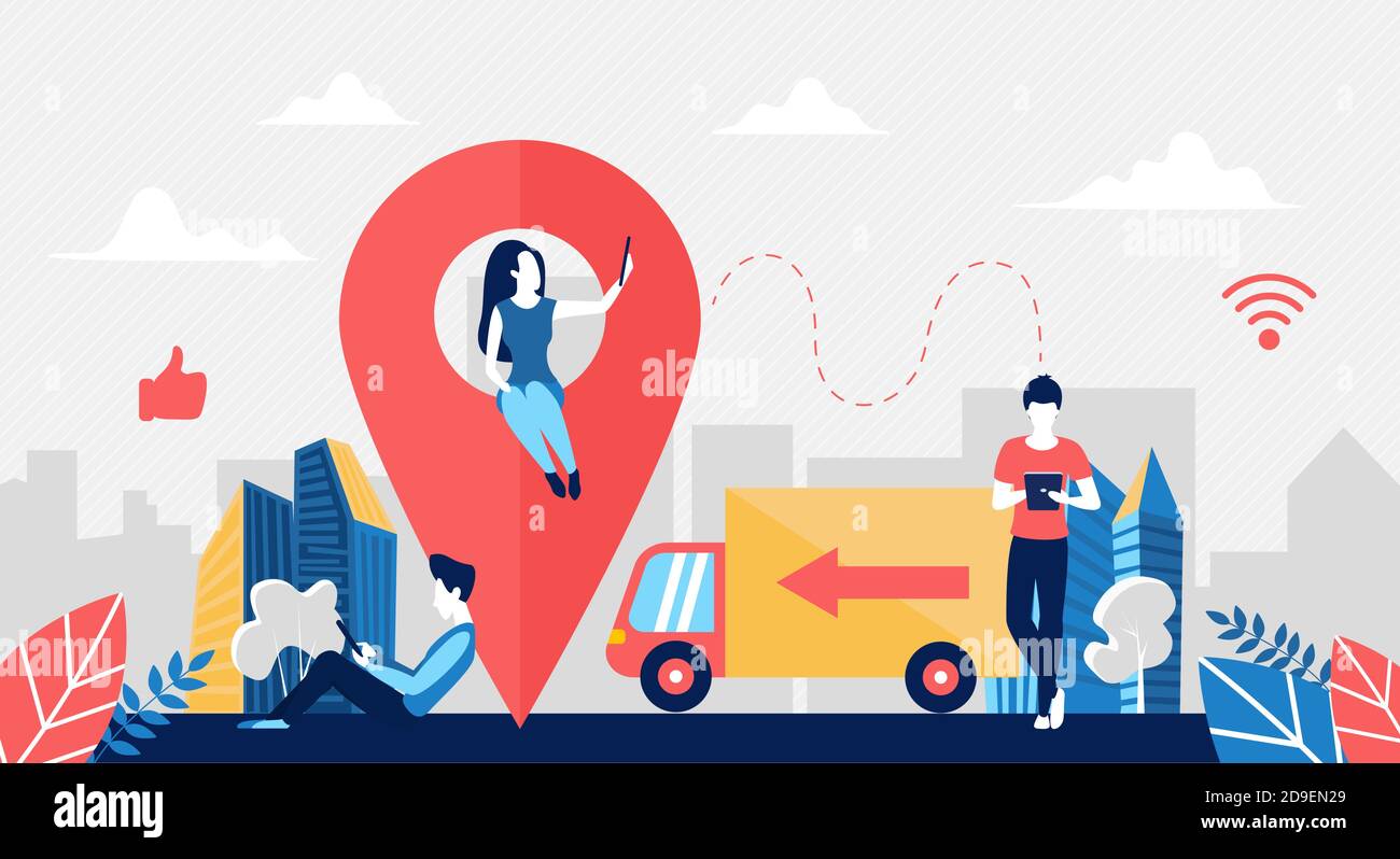 Vektor-Illustration für Logistikdienstleistungen. Cartoon Käufer Figuren sitzen auf großen Stadtplan Punkt Marker, Kauf und Bestellung online, Kurier LKW van Lieferung Auftrag an die Haustür Hintergrund Stock Vektor